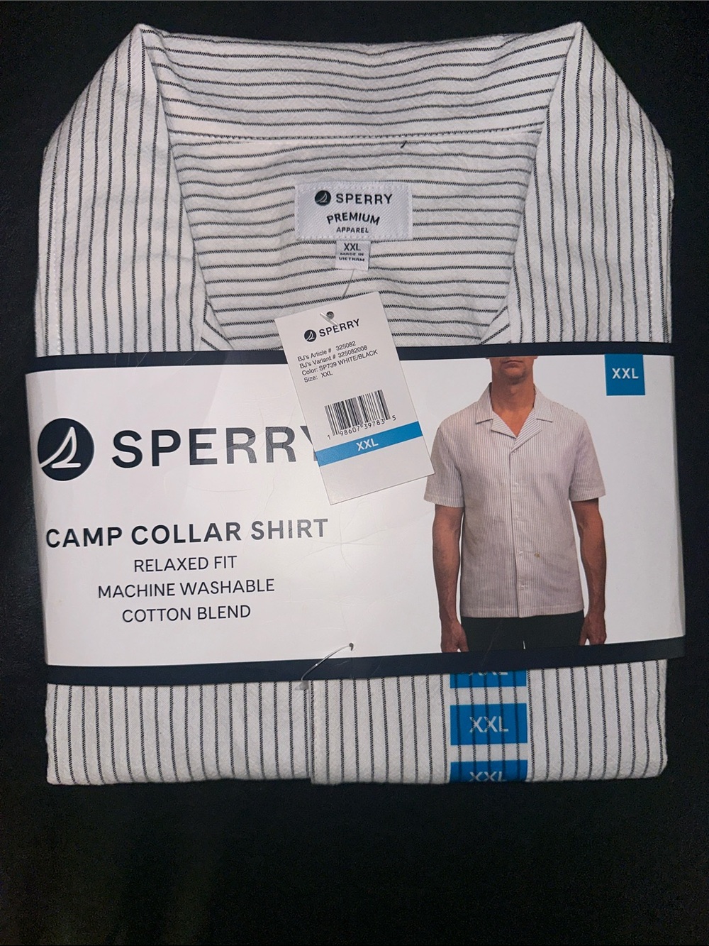 Sperry White Shirt with Navy Pinstripes Camp Collar - XXL